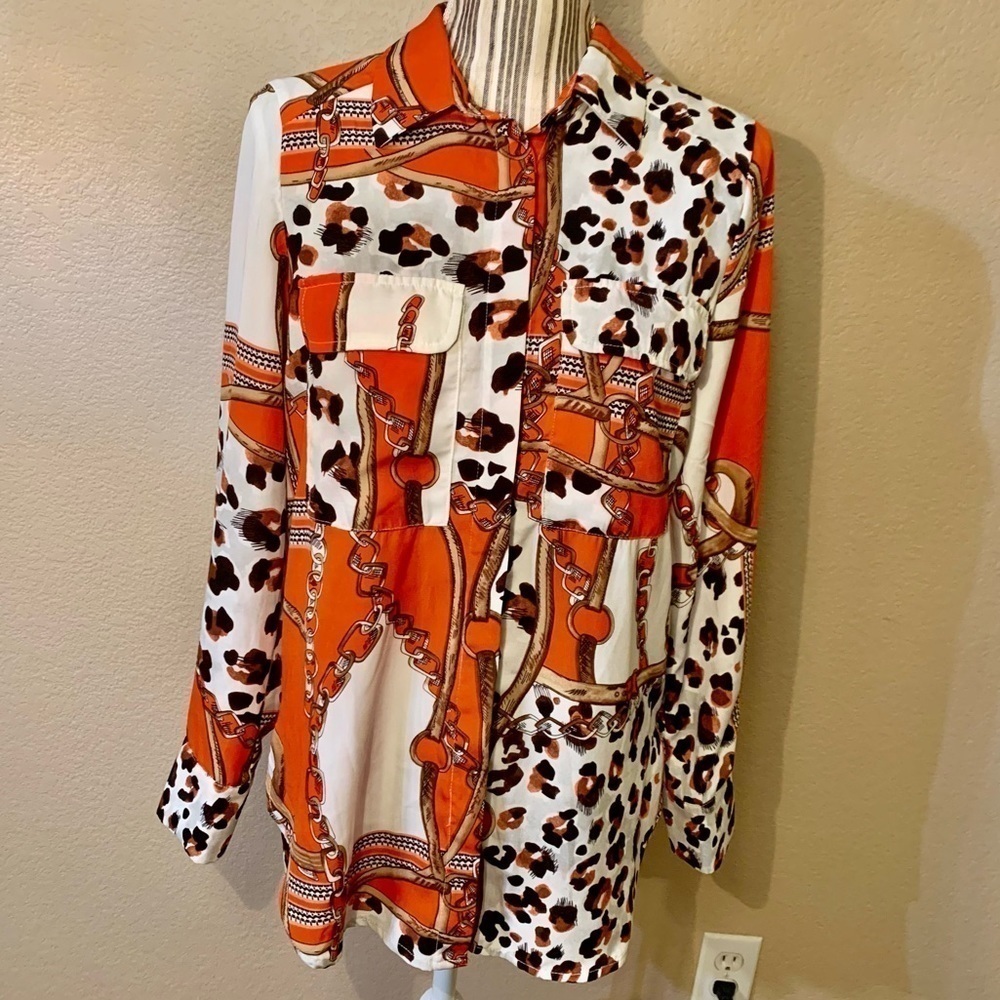 Fashion Nova Blouse Small Oversized White Red Brown Black Animal Chain Buttonup